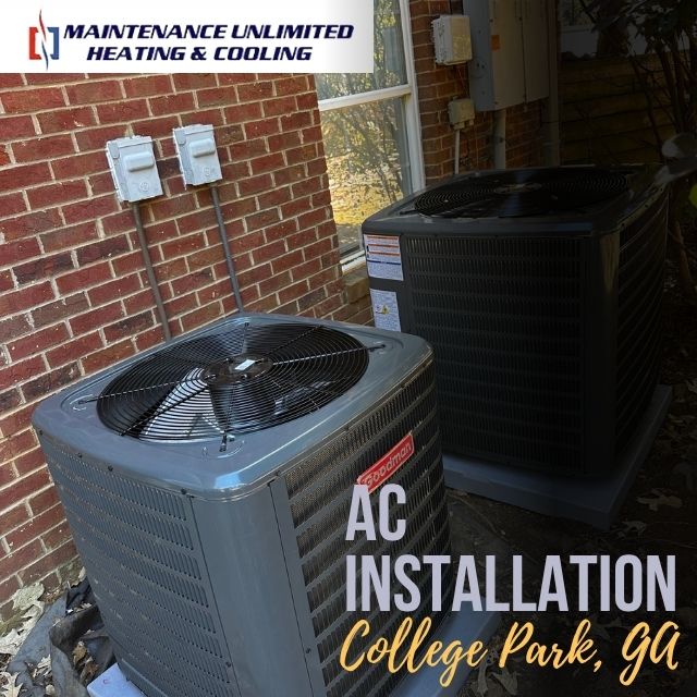 Professional AC installation with two new outdoor air conditioning condenser units at a residential home in College Park, GA.